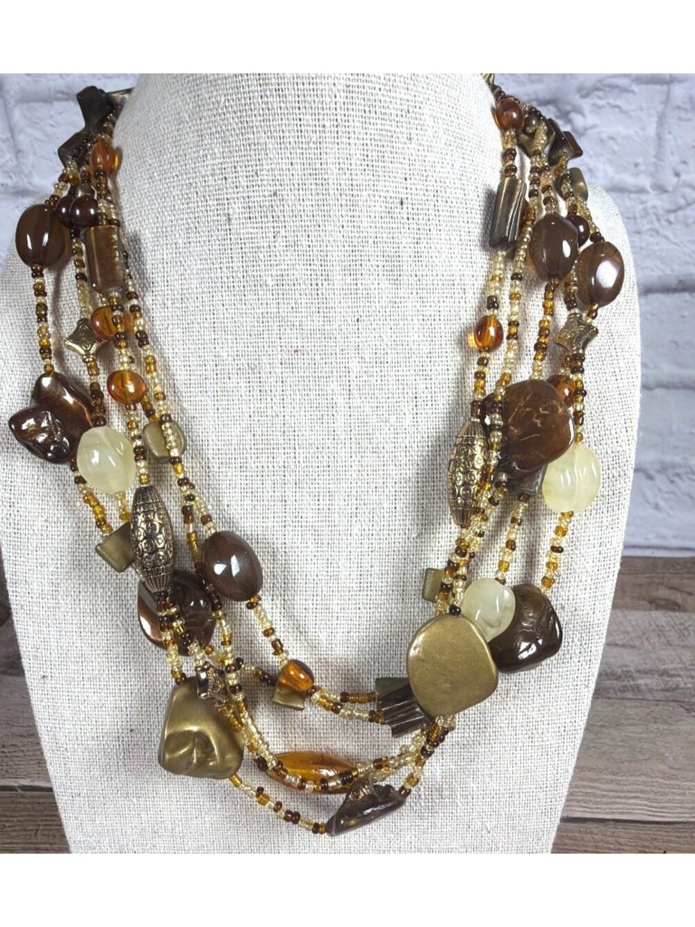 Multi Strand Beaded Statement Necklace Earth Tone Chunky Boho Layered Collar - Picture 10 of 10